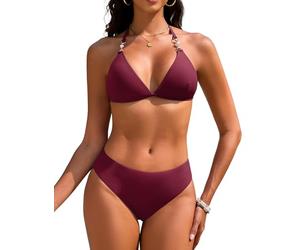 Vijamiy Bikini Mujer Tanga Traje De Baño para Mujer Cuello en V Push Up Triángulo Bikini Top Conjunto de Bikinis Tanga Bañador Sexy Swimwear Vikini con Pearl Strings(Rojo Vino,M)