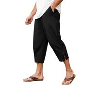 Vijamiy Pantalon Lino Hombre Verano 3/20 Pantalón con Cintura Elástica Pantalon Lino Pantalones de Playa Holgados,Yoga, Pierna Ancha Pantalón Corto(Negro,M)