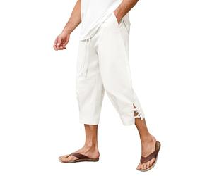 Vijamiy Pantalon Lino Hombre Verano 3/5 Pantalón con Cintura Elástica Pantalon Lino Pantalones de Playa Holgados,Yoga, Pierna Ancha Pantalón Corto(Blanco,L)