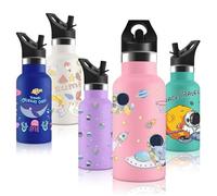 Vikaster Botella agua Acero Inoxidable con Tapa de Popote y asa, Botella Agua Niños 350ml, Botella Termica Reutilizable, Sin BPA, para Adultos, Niños, Escuela, Ciclismo, Gym, Deportiva