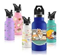 Vikaster Botella agua Acero Inoxidable con Tapa de Popote y asa, Botella Agua Niños 350ml, Sin BPA, Botella Termica Reutilizable, para Adultos, Niños, Escuela, Ciclismo, Gym, Deportiva