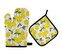 Vikeiac Juego de soportes para ollas, juego de guantes de horno con hojas de limón, almohadillas calientes, guantes de cocina antideslizantes, resistentes al calor, para hornear, asar