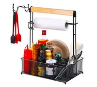 VIKEYHOME Grill Caddy, Picnic BBQ Organizer for Camping Outdoor Mesh Basket with 3 Hanging Hooks and Paper Towel Holder, Ideal Table Storage Tools for RV Camper/Tailgating/Flatware