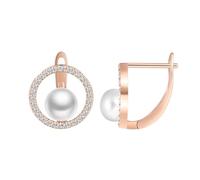 VIKILEE Zirconia Círculo con Perlas Pendientes Aro Mujer Plata de Ley 925, Brillante y Elegante Redondo Pendientes Hipoalergénico, Pendientes Clip de Perforacion Boda Joyas para Señora Novias Oro Rosa