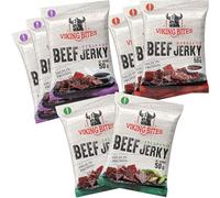 Viking Bites Beef Jerky, envase mixto de 400 g (8 x 50 g) - 3x Barbacoa, 3x Teriyaki, 2x Jalapeño - Cecina de ternera - Aperitivo de carne - Con un alto contenido de proteínas