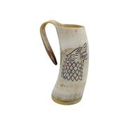 Viking By Heart, Real Ox Horn 6-7'' Tall, Vikings Drinking Horn Mug with Wooden Base | Engraved with Fenrir Wolf | 13+ OZ Capacity | Handcrafted Horn Mug Unique Beer Gifts for Men, Women