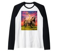 Viking Cat Riding Dinosaur Cat Humor Cats Lover Camiseta Manga Raglan