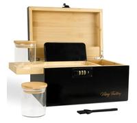 Viking Factory Caja grande de bambú con cerradura de combinación, caja premium a prueba de olores con bandeja o compartimentos desmontables, cajas de almacenamiento decorativas de madera con tarros y