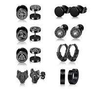 Viking Pendientes para Hombres, 8 Pares Norse Runes Hoop Earring Acero Inoxidable Stud Earrings, Vikingo Hoop Punk Biker Pendientes Classic Negro Stud Earrings para Hombres
