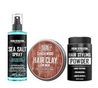 Viking Revolution Sea Salt Spray for Hair Men (8fl oz), Matte Sandalwood Hair Clay (2 oz) and Styling Powder for Men (1oz) - Styling Kit - The Ultimate Trio for Texture, Volume, and Hold