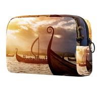 Viking Ships on The Water - Bolsa de cosméticos para mujer, neceser de viaje, bolsa organizadora de maquillaje grande con cremallera, multicolor, 18.5x7.5x13cm/7.3x3x5.1in, Neceser