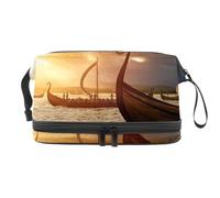 Viking Ships on The Water - Neceser de doble capa para mujeres y niñas, neceser de viaje, bolsa organizadora de maquillaje con compartimento para cepillos, multicolor, 27x15x14 cm/10.6x5.9x5.5 in,