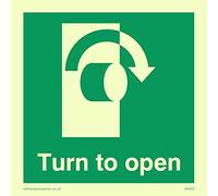 Viking Signs SA403-S85-PV - Señal de flecha hacia abajo con texto en inglés "Turn To Open", adhesivo fotoluminiscente, 85 mm de alto x 85 mm de ancho