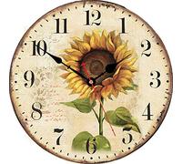 VIKMARI Estilo Decorativo Relojes de Pared Flores Vintage Floral de Madera Redondo Reloj de Pared 14 Inch Girasol