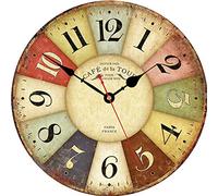 VIKMARI los números en Silencio para no Hacer tictac del Reloj de Pared rústica Romana Redonda de Madera Decorativo de la Pared Relojes 14 Inch Paris Francia