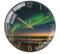 VIKMARI Reloj de Pared Aurora y Cielo Nocturno Verde de 12 Pulgadas Silencioso Sin Tic-TAC, Relojes Aurora Decorativos Dorados para Cocina, Sala de Estar, Dormitorio, Baño, Oficina
