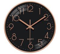VIKMARI Reloj de Pared Silencioso 25cm Funciona con Pilas Sin Tictac Números 3D en Oro Reloj de Cuarzo con Movimiento Continuo Analógico Decorativo para Dormitorio Oficina Baño (Oro Rosa Negro)