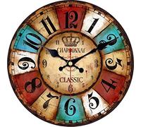 VIKMARI Reloj de pared vintage de madera reloj de pared sin ruido de tictac, redondo, rústico, vintage, decoración de interiores, reloj de pared colorido para cocina, salón, dormitorio, oficina