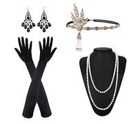 VIKSAUN 1920s Accesorios Set, Años 20 Fiesta Disfraz, Collar con Diadema con Aleta, Pendientes, Guantes Negros Largos, Accesorios Great Gatsby para Mujer, para Fiestas Temáticas
