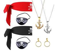 VIKSAUN 8 piezas Accesorios para Disfraces de Piratas: aretes de aro, parches de ojo, bufanda de cabeza pirata, Capitán Pirata Durag, juego de disfraces de capitán pirata