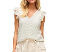 Vila VIAmalina - Camiseta de Encaje para Mujer, Cuello en V, Encaje de Ganchillo, Abedul, S