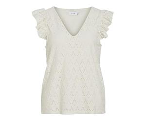 Vila VIAmalina - Camiseta de Encaje para Mujer, Cuello en V, Encaje de Ganchillo, Abedul, S