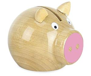 VILAC 5129P - Hucha de Cerdo - Madera Natural barnizada - Moneda - Nariz Rosa - Redonda - Juego para niños a Partir de 5 años - Fabricado en Francia