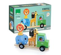 Vilac - Empil'animo 4 Piezas - Ingela P.Arrhenius - Coche + Mascotas de Madera - 1 Camión + 1 Remolque de Madera + 4 Animales de Elefante, León, Mono y Jirafa - A Partir de 2 años - 7637