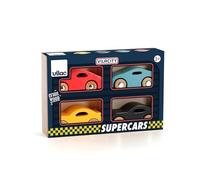 Vilac - Estuche de 4 Coches Super Cars - Coche y Garaje de Madera - 4 Super Cars + 1 Caja de Almacenamiento de Madera - Juegos de Despertar para niños de Madera - a Partir de 3 años - 2369