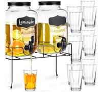 Vilde Dispensador de bebidas de cristal de 4,2 L con grifo y soporte, juego de 12 vasos de 200 ml, dispensador de limonada para zumo de agua, té helado, dispensador de bebidas, para fiestas en el