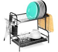 Vilde Escurreplatos de metal de 2 niveles, 52 x 24,5 x 40 cm, color negro, con soporte para cubiertos, bandeja de goteo y soporte para platos, vasos y accesorios