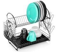 Vilde Escurreplatos de metal de 2 niveles, 53 x 24 x 38,5 cm, color negro, con soporte para cubiertos, bandeja de goteo y soporte para platos, vasos y accesorios