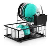 Vilde Escurreplatos para vajilla, color negro, 2 niveles, 42 x 28 x 28 cm, cocina con bandeja de goteo, soporte para cubiertos, vasos, vasos, ahorro de espacio, diseño de metal