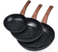 Vilde Juego de 3 sartenes de inducción de aluminio antiadherente con revestimiento de granito, sartenes de 16/20/24 cm, aptas para lavavajillas, mango de aspecto de madera