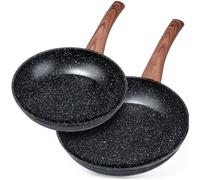 Vilde Juego de sartenes de 2 piezas - Inducción aluminio antiadherente revestimiento de granito - sartenes 20/24 cm - Apto para lavavajillas - Mango de aspecto de madera