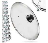 Vilde Tapa de cristal con anillo de acero inoxidable para olla y sartén, diámetro (22 cm) 12, 14, 16, 18, 20, 22, 24, 26, 28, 30, 32 cm, cristal resistente al calor a 200 °C, tapa universal