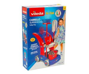 Vileda, Carro para el hogar Maxi, 7 Piezas, Carro de Modelo Grande, Escoba, Pala, Cuero, Escoba con Flequillos, matapete y Pajo, Reproducción Productos Marca, Juguetes para Niños a Partir de 3 Años,