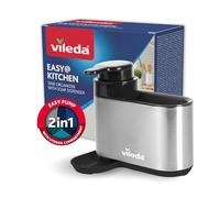 vileda Organizador para fregadero con dispensador de detergente de acero inoxidable, soporte para esponja de pie independiente, organizador de lavavajillas con dispensador de jabón para esponjas y