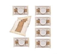 Vilgftyiet Juego de manteles individuales tejidos de 7 piezas con caminos de mesa, tapetes de tela empalmada a rayas con flecos de borla, ropa de cama transpirable aislante del calor para decoración