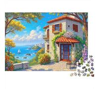 Villa Mediterránea Paisaje Puzzle de 1000 Piezas Papel para Adultos Vista Costera Juego de Puzzle para Toda la Familia Decoración Hogareña 38x26cm/1000pcs
