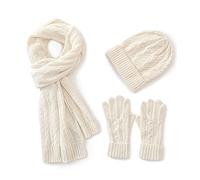 Villand Gorro de lana para mujer 3 en 1, guantes y bufanda, juego de invierno, 3 piezas, gorro de punto de cable para mujer con caja de regalo (Blanco)