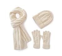 Villand Gorro de lana para mujer 3 en 1, guantes y bufanda, juego de invierno, 3 piezas, gorro de punto de cable para mujer con caja de regalo (Beige)