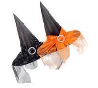 VILLCASE 2 Piezas Sombrero de Bruja para Halloween Negro de Poliéster Tafetán y Gasa, Cómodo y Transpirable, Accesorio Divertido para Fiesta de Cosplay