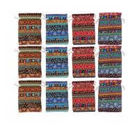 VILLCASE Bolsas de Algodón y Lino Étnicas 14x10 Cm Cordón, 12 Unidades (4 Diseños X 3 Piezas), Bolsitas para Joyería, Monedas y Regalos de Fiesta, Saco de Flores para Almacenamiento