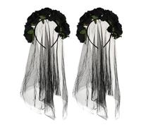 VILLCASE Diadema con Velo Negro de Malla Ligera con Rosas Negras Realistas 2 Unidades Accesorio para Disfraz de Halloween y Día de Muertos Tocado Floral Transpirable para Fiestas y
