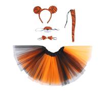 VILLCASE Diadema Orejas de Tigre de Felpa Suave 4 Piezas Nariz y Pajarita Falda de Tul Naranja y Negro Accesorios de Cosplay para Fiesta Halloween y Disfraz Adulto