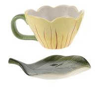 VILLCASE Juego de Taza de Café de Cerámica Amarilla de 320ml con Platillo en Forma de Hoja y Diseño de Tulipán Pintado a Mano para Oficina y Desayuno