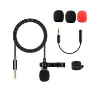 VILLCASE Micrófono de Solapa Omnidireccional Negro Clip para Grabación Móvil y Ordenador, Cable de 1,5 M, Incluye 3 Adaptadores y 3 Espumas para Entrevistas y Transmisiones