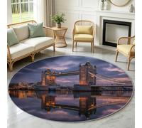 Ville Tower Bridge - Alfombra redonda de paisaje realista, 80 cm, antideslizante y lavable a máquina, con cerdas cortas impresas para salón, dormitorio, oficina, comedor, grosor 0,6 cm, color morado