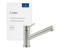 Villeroy & Boch Como grifería de cocina, alta presión, con cartucho de cerámica y radio de giro de 360°, grifo de fregadero de bajo consumo, altura del caño 135 mm, acero inoxidable macizo